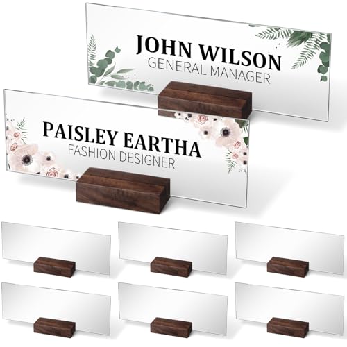 Memorywuu 6 Set Blank Acrylic Custom Name Plate - 2.95x8 Inch (2mm Thick) with Wooden Base, Desk Tags for Office/home/teacher, Ideal for Wedding Place Cards & Holiday Decor(Walnut Color) - Image 1