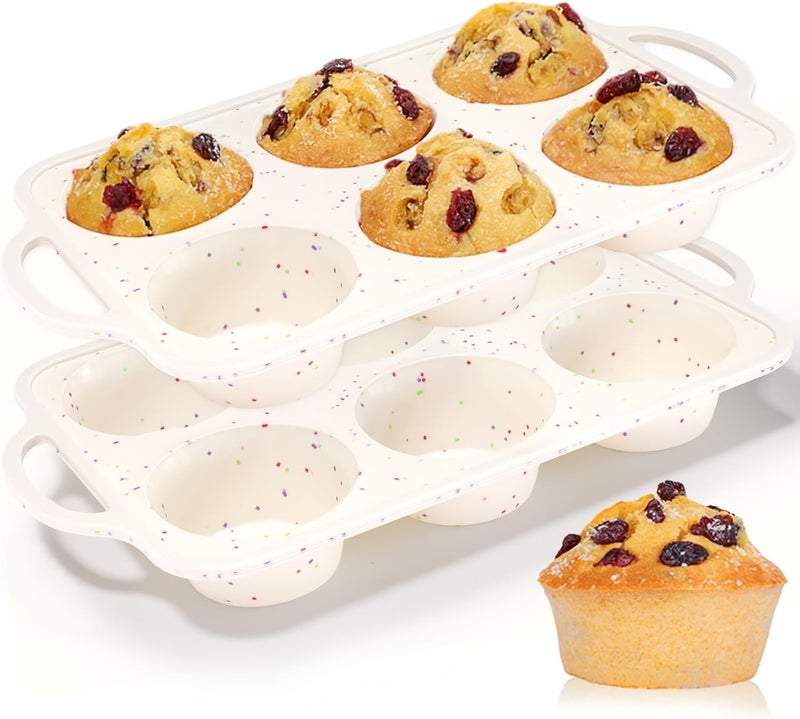 CAKETIME Large Muffin Pan, Metal Reinforced Frame 3.5 Inch Jumbo Silicone Muffin Pan Nonstick 6 Cups for Baking Jumbo Muffin, Frittatas, Jumbo Cupcakes 2 Pack Confetti - Image 1