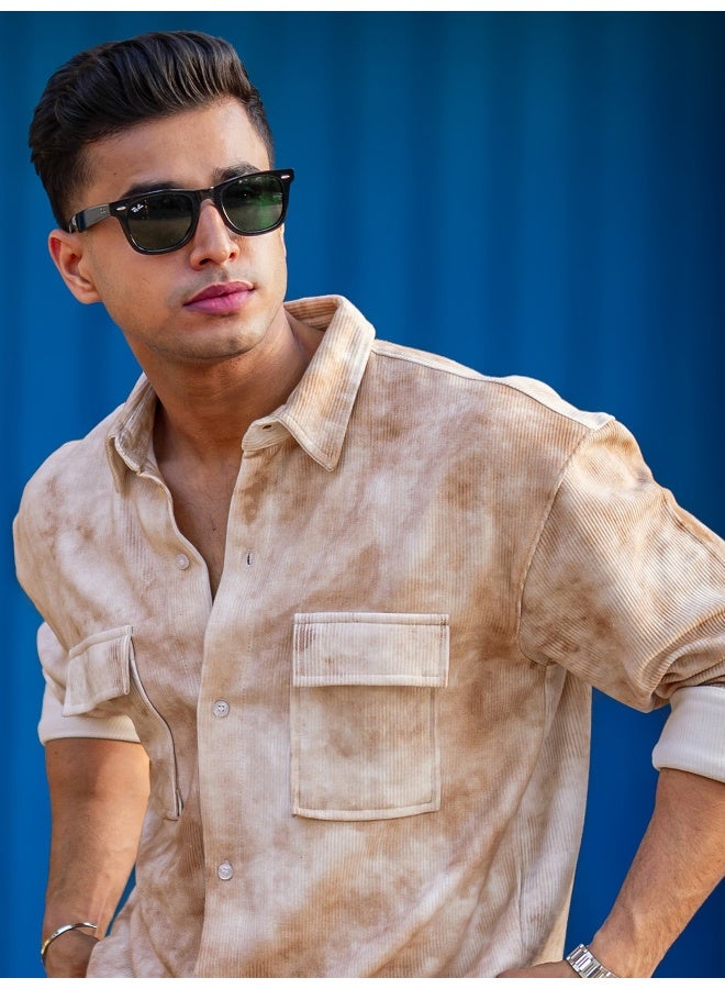 Maniac Maniac Mens Spray Printed Full Sleeve White and Brown Polyester Shirt  - Image 1