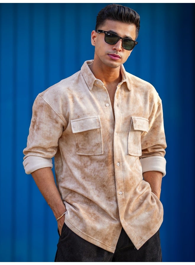 Maniac Maniac Mens Spray Printed Full Sleeve White and Brown Polyester Shirt  - Image 4