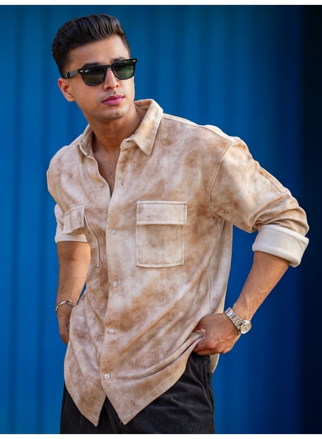 Maniac Maniac Mens Spray Printed Full Sleeve White and Brown Polyester Shirt  - Image 3