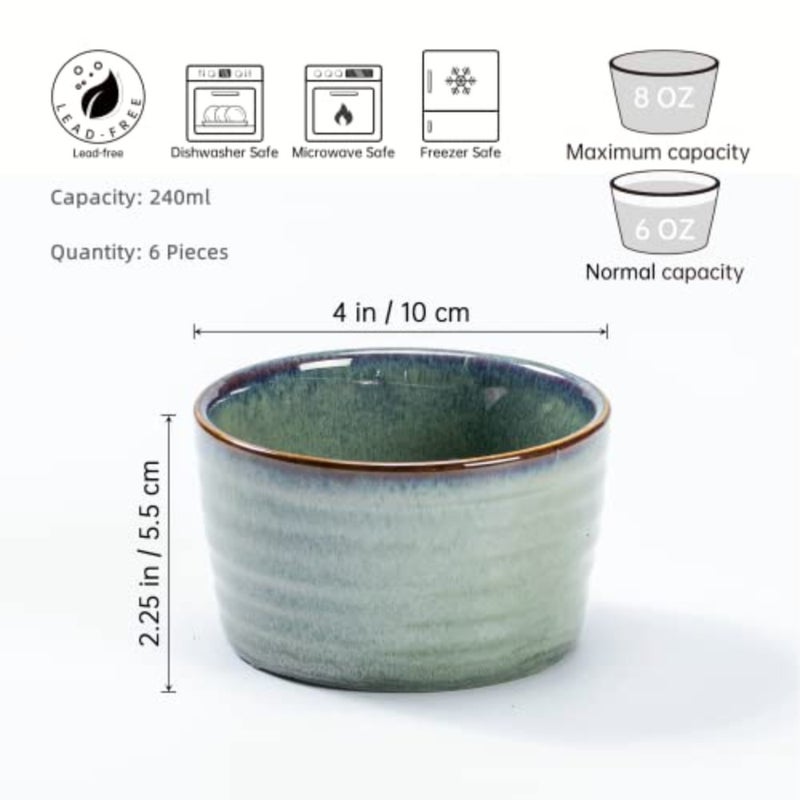 Ceramic Ramekins Soufflé Dishes Set of 8OZ - 240ml, Baking Cups Bowl for Custard, Pudding, Oven Safe Souffle Cups for 6 Peoples - Ramekins Set of 6, Green - Image 2