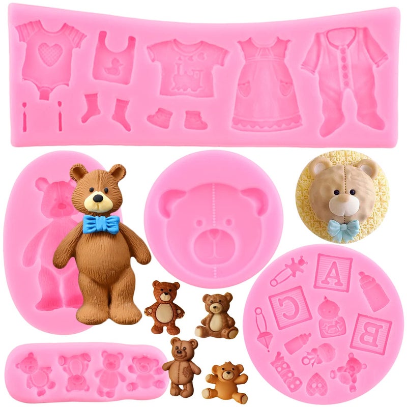 Zixiang Baby Silicone Fondant Cake Mold Bear Silicone Molds Baby Shower Cupcake Mold For Baby Birthday Cake Decorating Candy Chocolate Gum Paste Polymer Clay Set Of 5