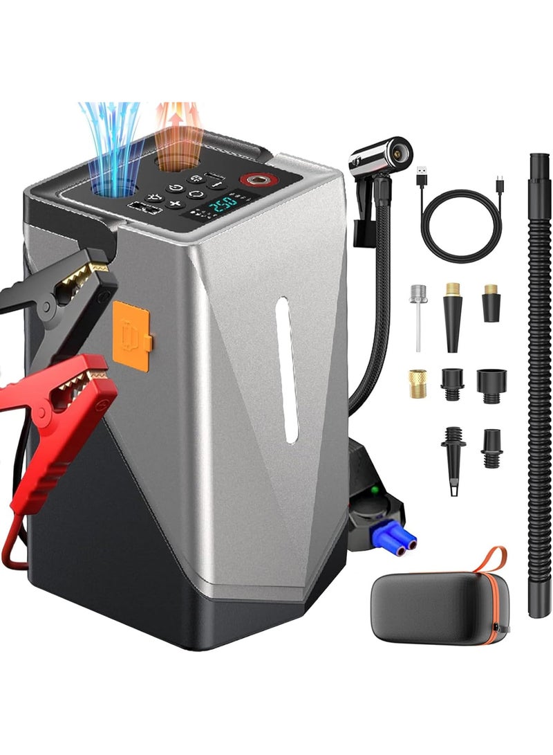 ام كوبين مكبين مشغل سيارة مع ضاغط هواء، بطارية عظمى 3000 امبير، مشغل قفز محمول 12 فولت لسيارات الغاز 8.0 لتر والديزل 7.0 لتر، اسود، بطارية ليثيوم ايون، 21800mAh، منافذ USB ومصباح LED - Image 1