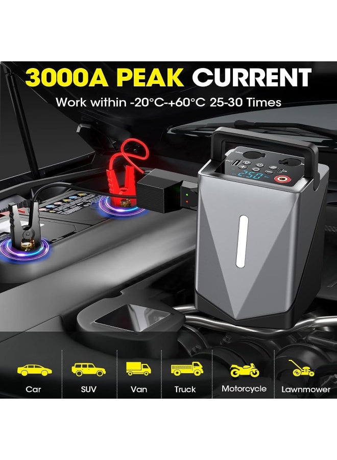 ام كوبين مكبين مشغل سيارة مع ضاغط هواء، بطارية عظمى 3000 امبير، مشغل قفز محمول 12 فولت لسيارات الغاز 8.0 لتر والديزل 7.0 لتر، اسود، بطارية ليثيوم ايون، 21800mAh، منافذ USB ومصباح LED - Image 5