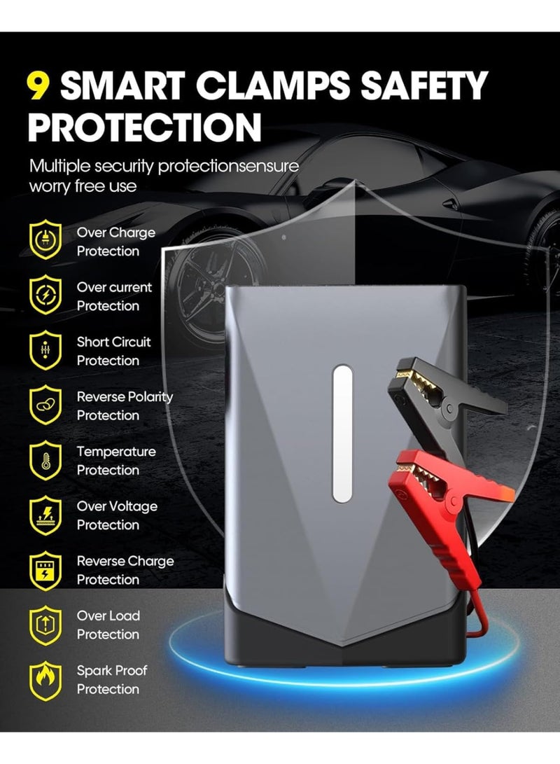 ام كوبين مكبين مشغل سيارة مع ضاغط هواء، بطارية عظمى 3000 امبير، مشغل قفز محمول 12 فولت لسيارات الغاز 8.0 لتر والديزل 7.0 لتر، اسود، بطارية ليثيوم ايون، 21800mAh، منافذ USB ومصباح LED - Image 4