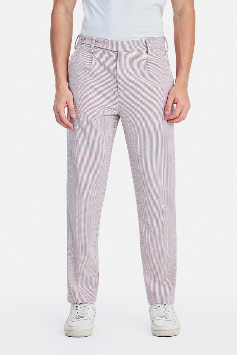 SNITCH Brown Striped Relaxed Formal Trousers - Image 3