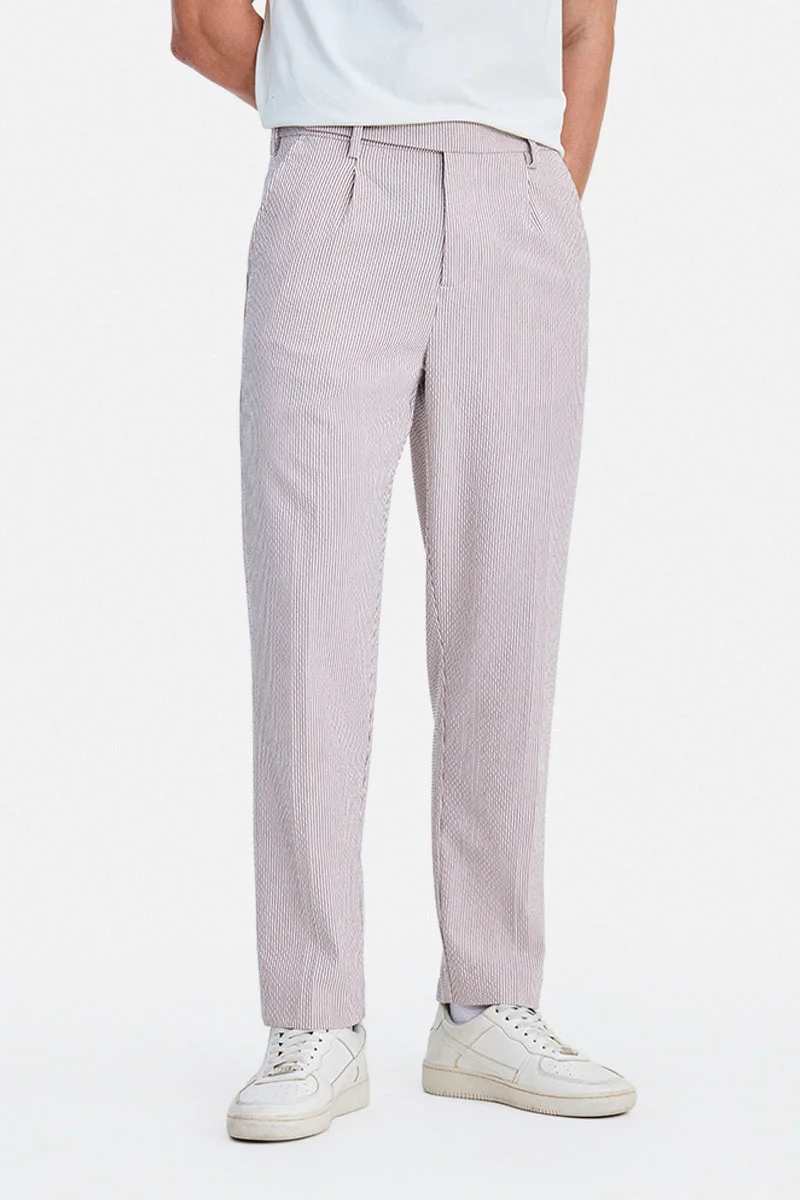 SNITCH Brown Striped Relaxed Formal Trousers