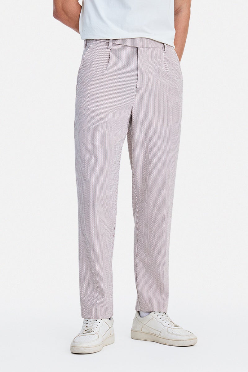 SNITCH Brown Striped Relaxed Formal Trousers - Image 1