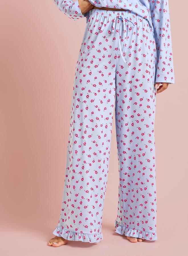 Styli Blue All Overs Floral Print Shirt and Wide Leg Pants Pyjama Set - Image 4