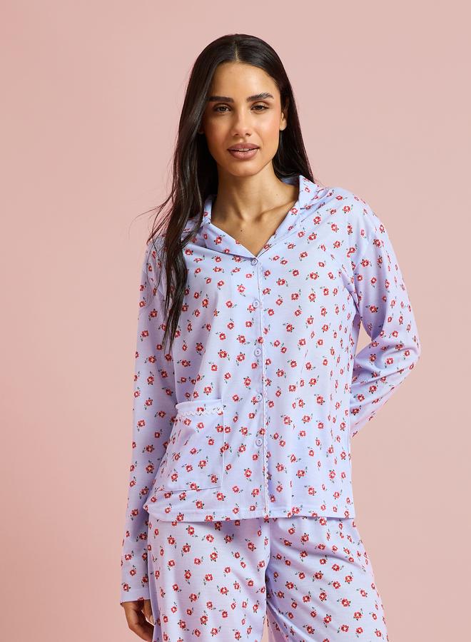 Styli Blue All Overs Floral Print Shirt and Wide Leg Pants Pyjama Set - Image 2
