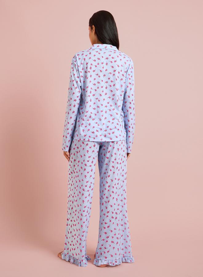 Styli Blue All Overs Floral Print Shirt and Wide Leg Pants Pyjama Set - Image 5