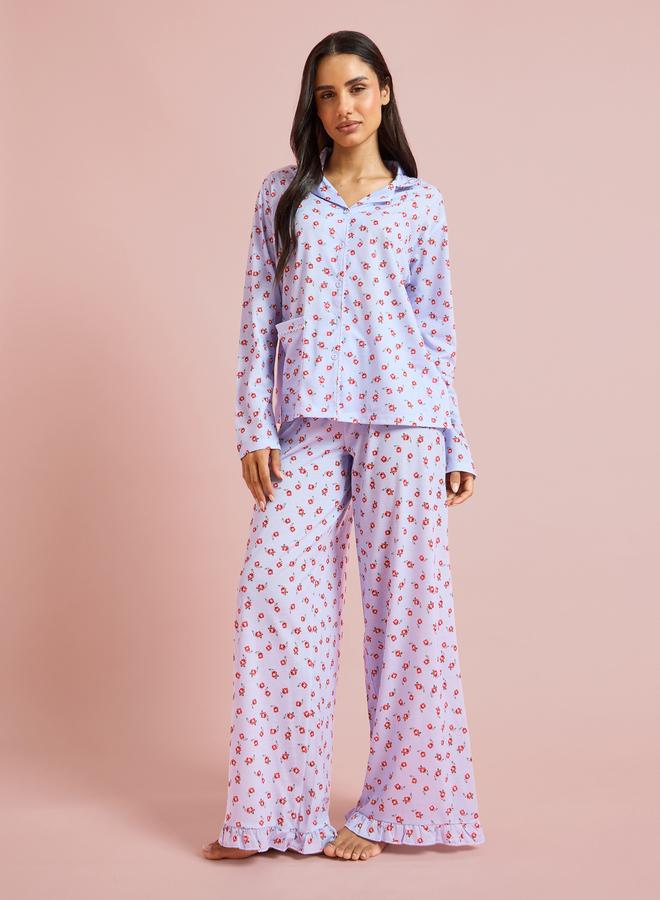 Styli Blue All Overs Floral Print Shirt and Wide Leg Pants Pyjama Set - Image 1