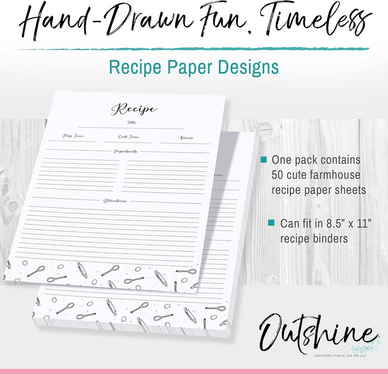 Outshine Premium Recipe Paper for 8.5" x 11" Recipe Binders, Farmhouse Design (50 Sheets) | Full Size Recipe Refill Pages for Binder | Recipe Card Sheets | No-Smear Matte Paper - Image 2