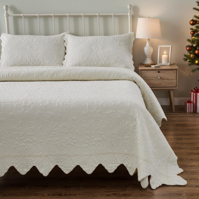 Brandream King Size Quilt Set Cotton Cream Buttery White Luxury Matelasse Bedding Coverlet Set Scalloped Bedspreads 3Piece