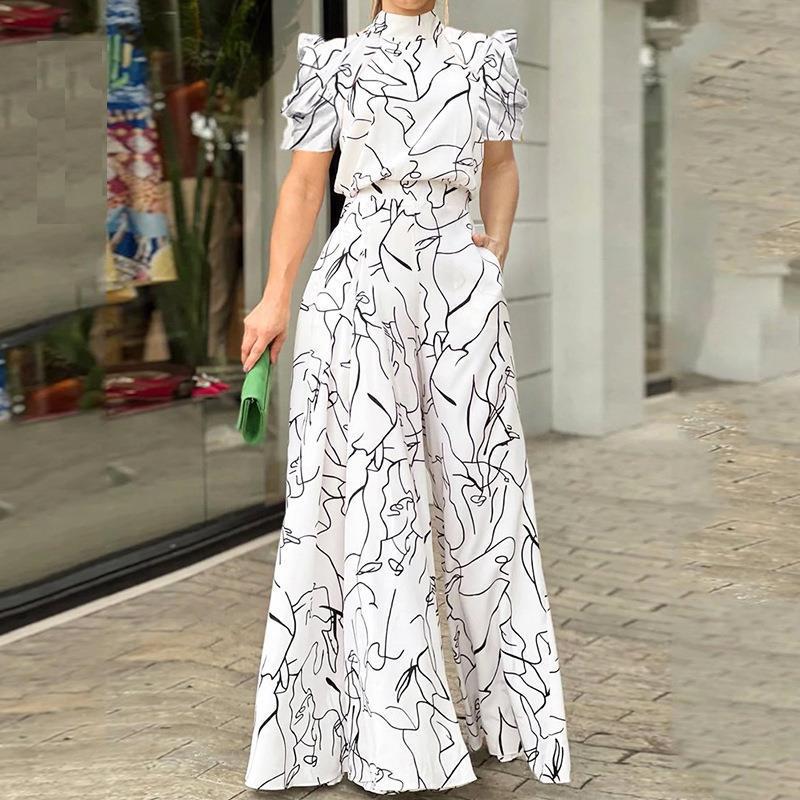 Loose Printed Wide Leg Pants Show International Women'S Fashion Loose Short Sleeve Wide Leg Pants Jumpsuit - Image 2