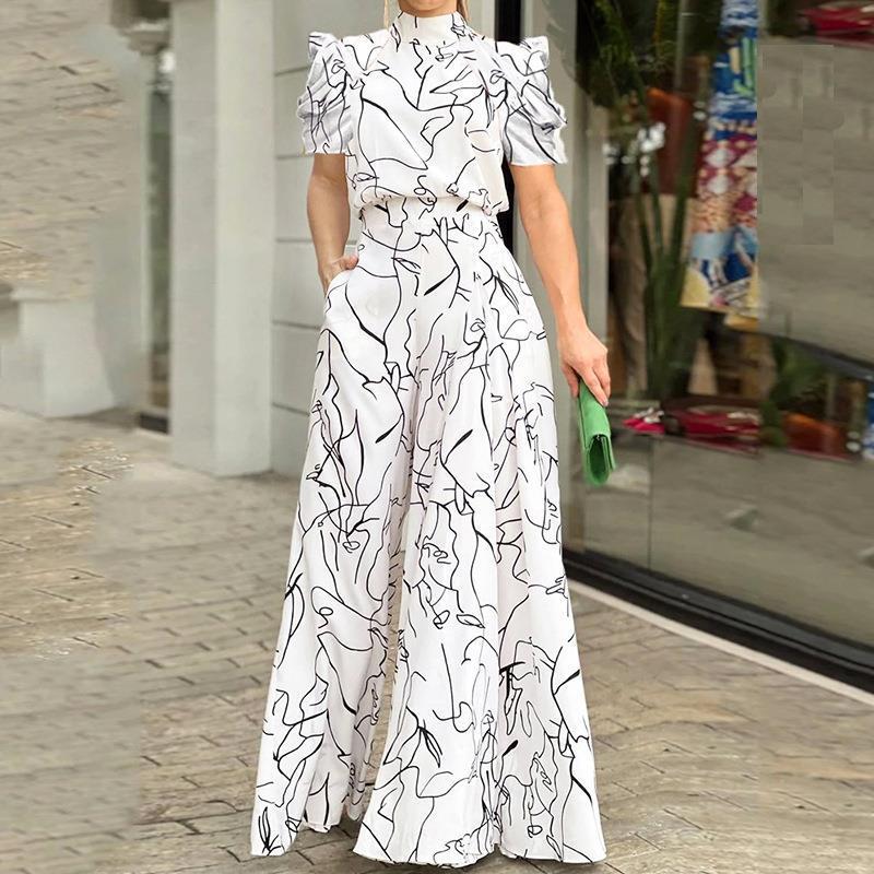 Loose Printed Wide Leg Pants Show International Women'S Fashion Loose Short Sleeve Wide Leg Pants Jumpsuit - Image 5