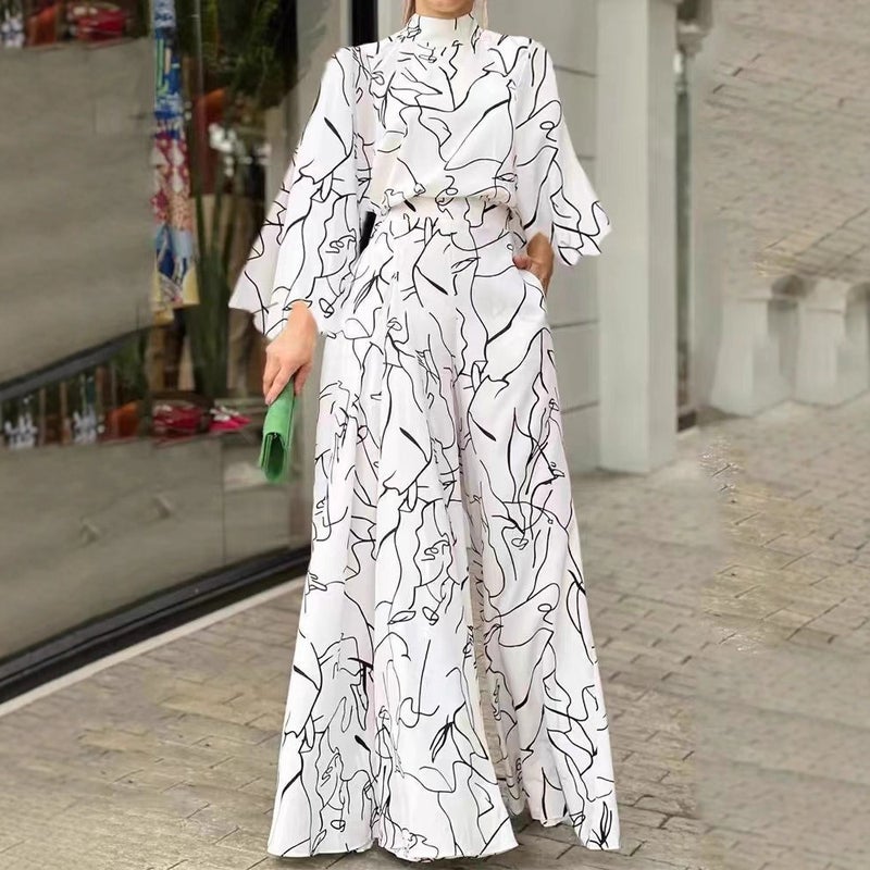 Loose Printed Wide Leg Pants Show International Women'S Fashion Loose Short Sleeve Wide Leg Pants Jumpsuit - Image 3