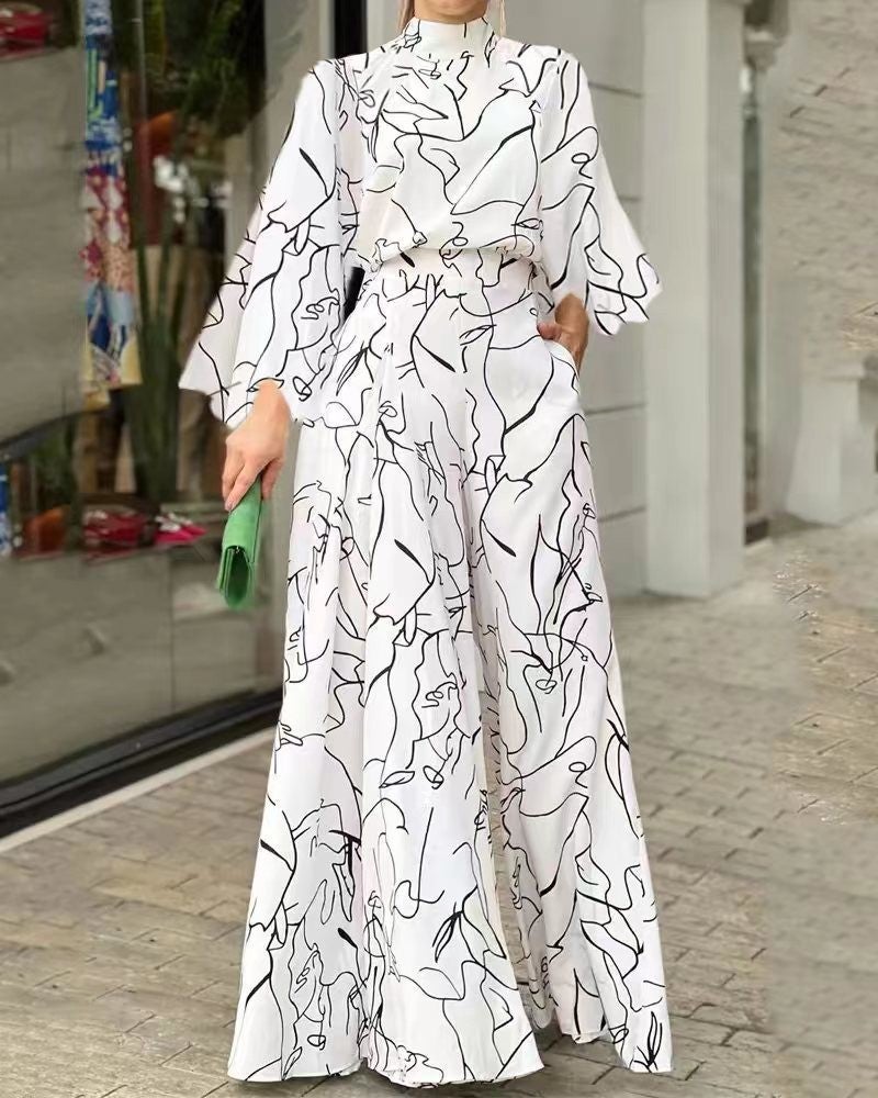 Loose Printed Wide Leg Pants Show International Women'S Fashion Loose Short Sleeve Wide Leg Pants Jumpsuit - Image 1