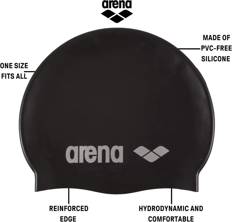 Arena Classic Unisex Soft Silicone Swim Cap - Comfortable Non-Slip Long Hair Swimming Hat in Black/Silver - Image 2
