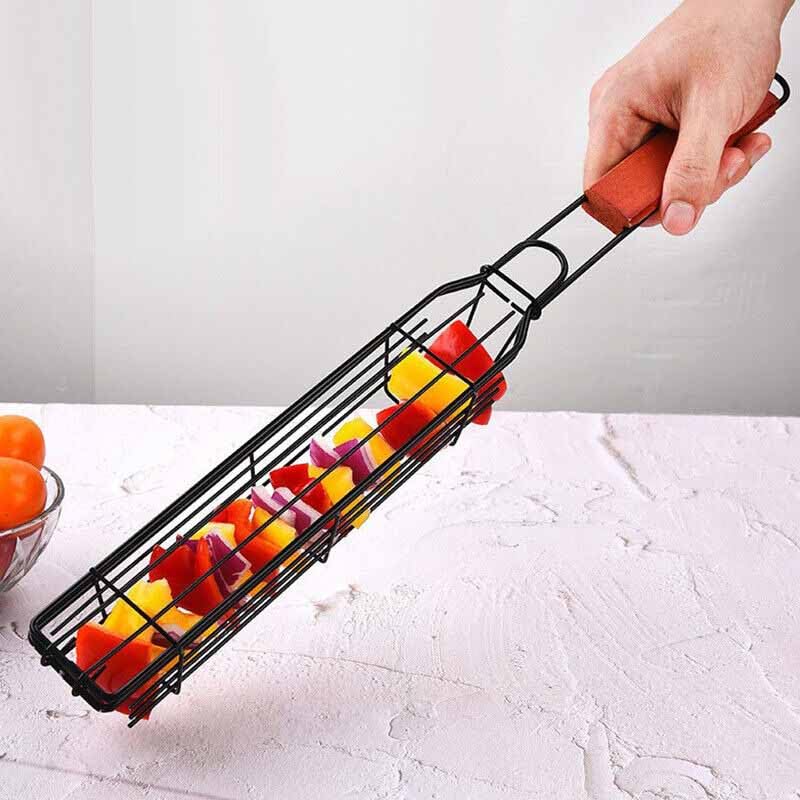 TGOPIT BBQ Grill Basket, Single Non-Stick Kebab Barbeque Basket with Heat Resistant Long Wooden Handle, Reusable BBQ Tool for Cooking Sausages/Vegetables/Meat Outdoor Picnic,and Camping(1Pcs) - Image 1