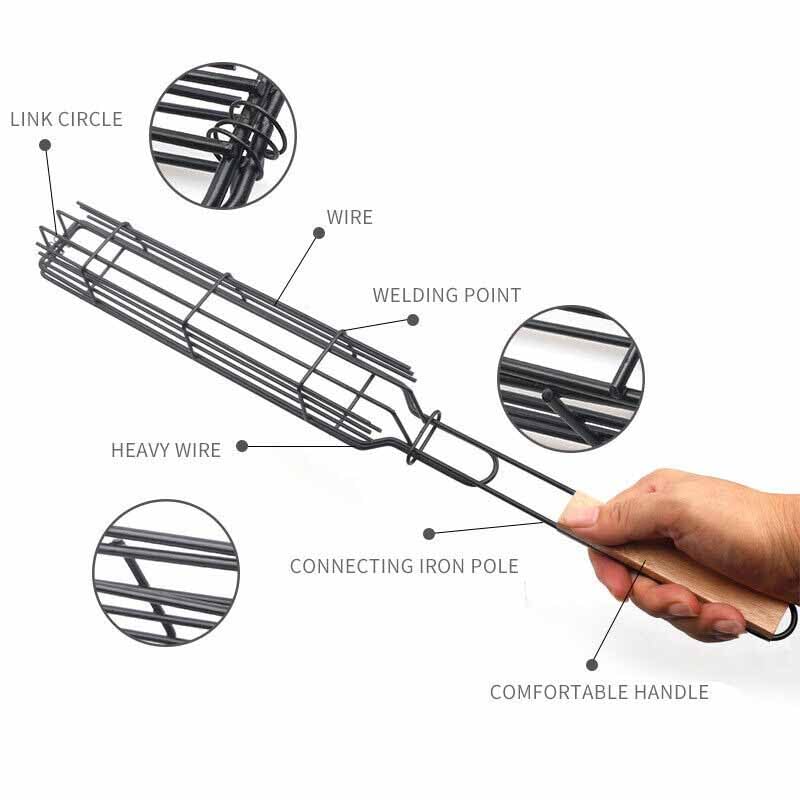 TGOPIT BBQ Grill Basket, Single Non-Stick Kebab Barbeque Basket with Heat Resistant Long Wooden Handle, Reusable BBQ Tool for Cooking Sausages/Vegetables/Meat Outdoor Picnic,and Camping(1Pcs) - Image 3