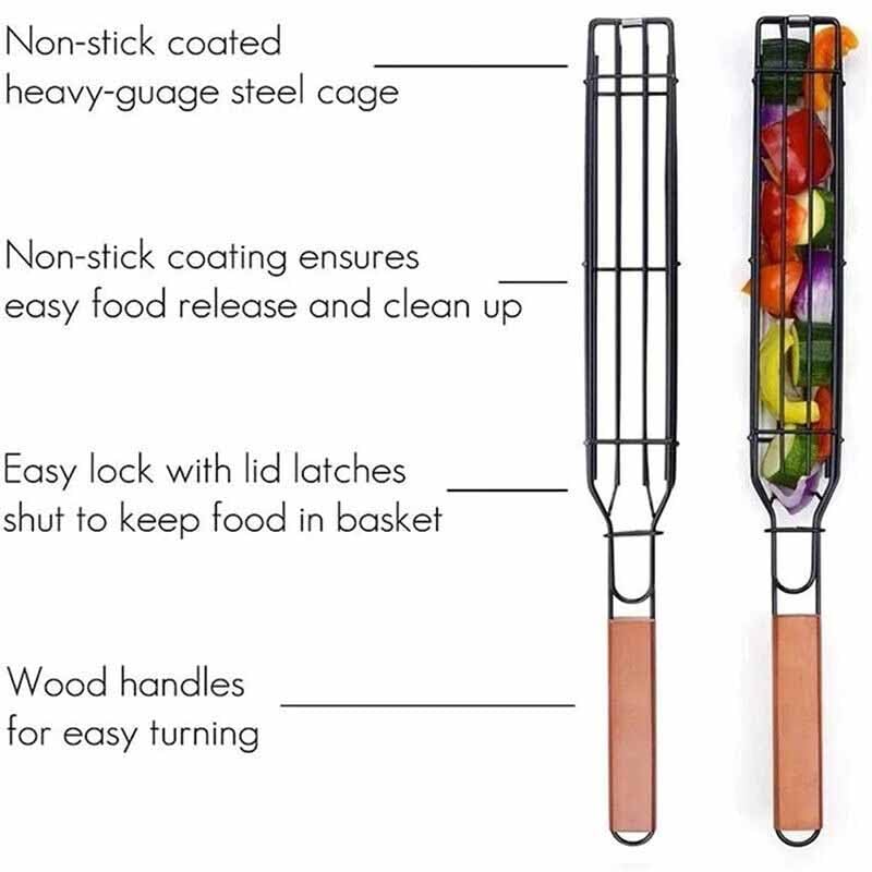 TGOPIT BBQ Grill Basket, Single Non-Stick Kebab Barbeque Basket with Heat Resistant Long Wooden Handle, Reusable BBQ Tool for Cooking Sausages/Vegetables/Meat Outdoor Picnic,and Camping(1Pcs) - Image 2