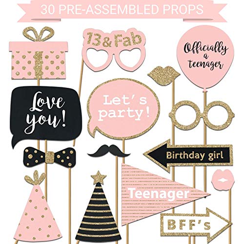 Perfect Occasion Fully Assembled 13th Birthday Photo Booth Props - Set of 30 - Pink & Gold Selfie Signs - 13th Party Supplies & Decorations - Cute Bday Designs with Real Glitter - Did We Mention No DIY - Image 1