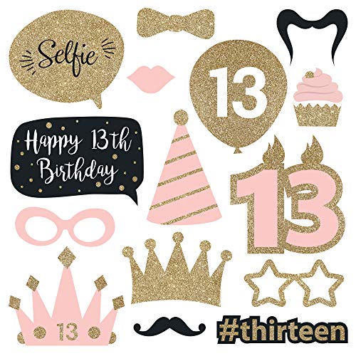 Perfect Occasion Fully Assembled 13th Birthday Photo Booth Props - Set of 30 - Pink & Gold Selfie Signs - 13th Party Supplies & Decorations - Cute Bday Designs with Real Glitter - Did We Mention No DIY - Image 4