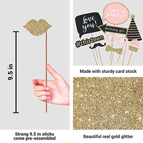 Perfect Occasion Fully Assembled 13th Birthday Photo Booth Props - Set of 30 - Pink & Gold Selfie Signs - 13th Party Supplies & Decorations - Cute Bday Designs with Real Glitter - Did We Mention No DIY - Image 3