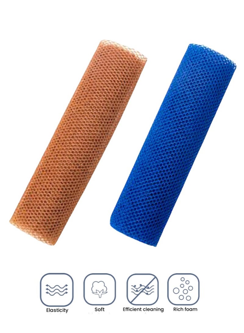 2-piece African Bath Towel Exfoliating Bath Back Towel Long Soft Grid Foaming Net (Brown + Blue) - Image 1