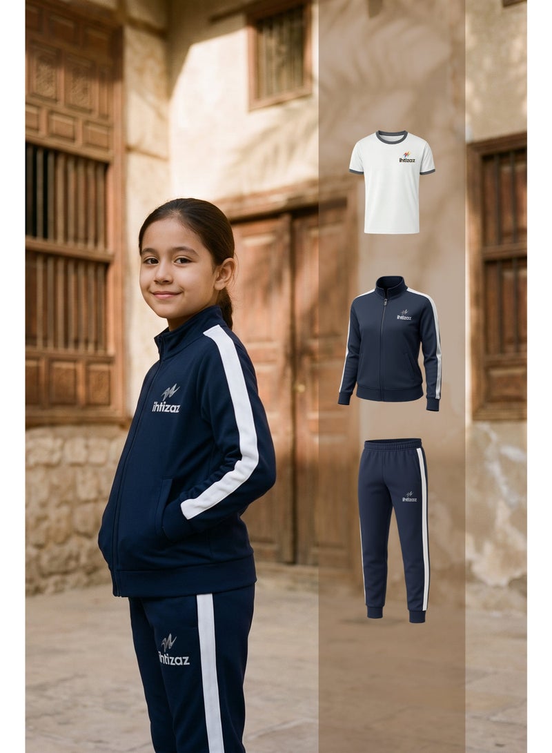 ihtizaz Girls’ 3-Piece School Sports Uniform Set – Elementary School | White Sports T-Shirt + Navy Track Pants + Navy Zip Jacket - Image 1