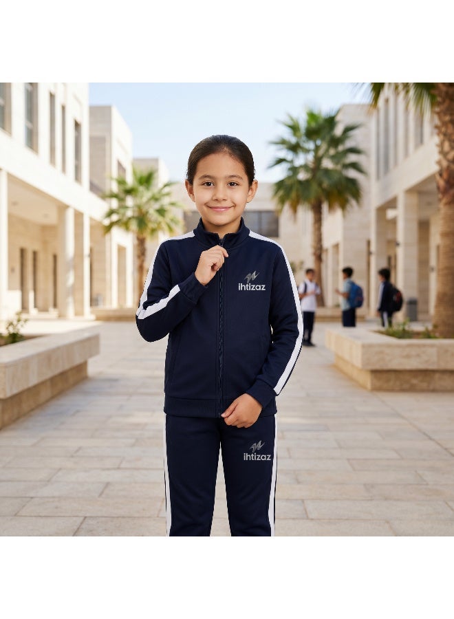 ihtizaz Girls’ 3-Piece School Sports Uniform Set – Elementary School | White Sports T-Shirt + Navy Track Pants + Navy Zip Jacket - Image 5