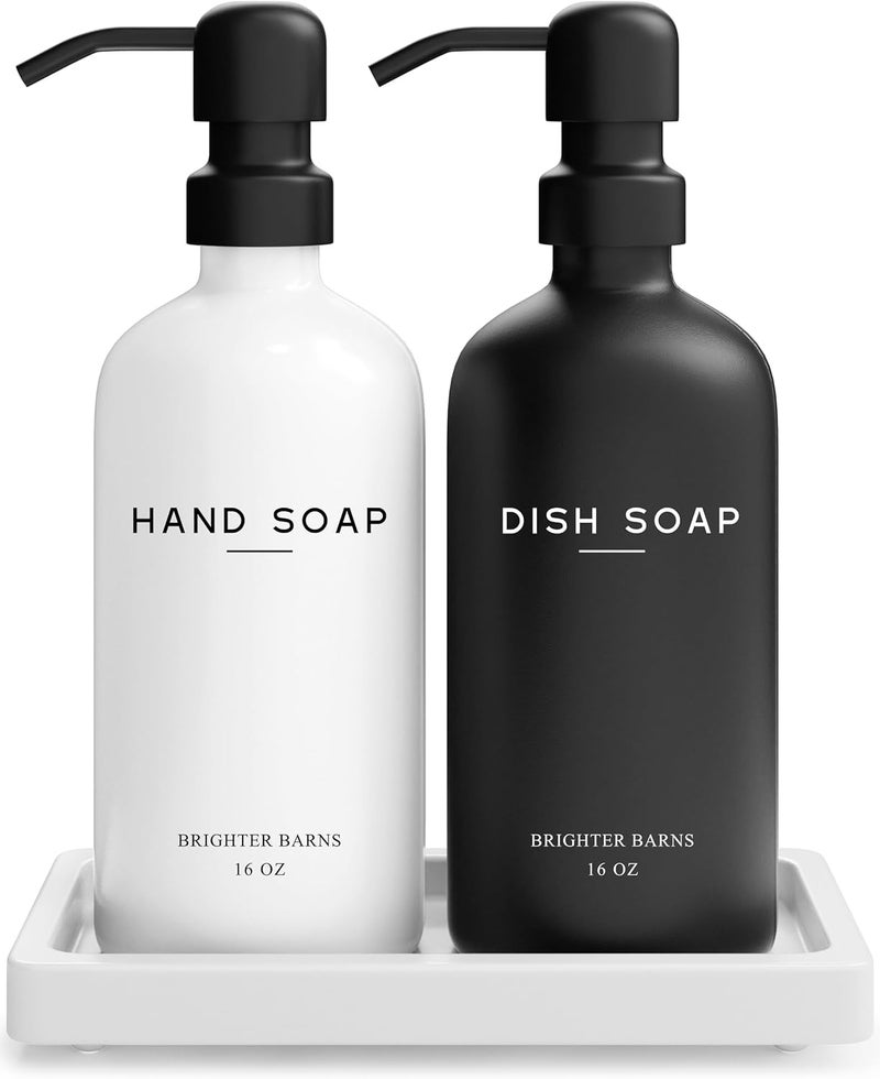 Brighter Barns Luxury Glass Hand and Dish Soap Dispenser Set with Tray - Black/White - Image 1