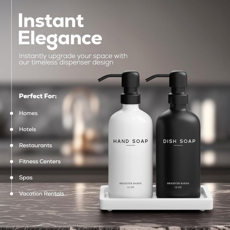 Brighter Barns Luxury Glass Hand and Dish Soap Dispenser Set with Tray - Black/White - Image 2