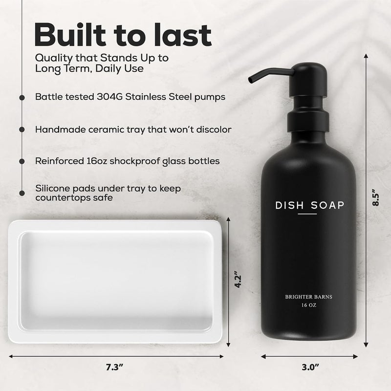 Brighter Barns Luxury Glass Hand and Dish Soap Dispenser Set with Tray - Black/White - Image 3