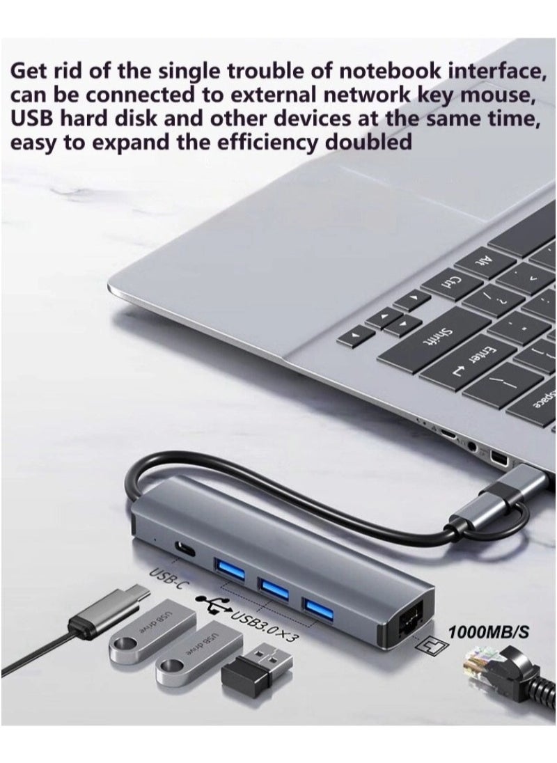 Generic USB C Hub with 3 x USB 3.0, USB C and 1000M Gigabit Ethernet RJ45 Port, 5 in 2 USB Multiport Adapter Compatible with MacBook/Pad Pro/Dell/HP Laptop/Phones  - Image 2