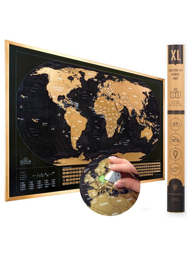 MIGHTY SKINS XL Scratch Off World Map with 196 Country Flags 36" x 24" Frameable World Map with Vibrant Colors and Premium Gold Coating, Beautiful Scratch Map for Travelers, Black  - Image 1