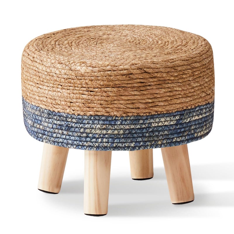 Cpintltr Foot Stool Natural Seagrass Hand Weave Poufs Round Ottoman for Couch Desk Soft Step Stool Padded Foot Rest with NonSkid Pine Legs for Hallway Office Lounge NaturalBlue