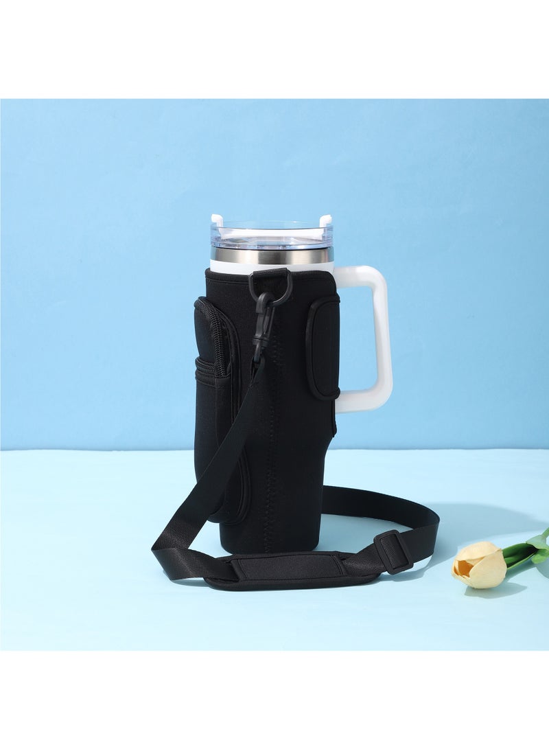 Hihonor Water Bottle Carrier Bag with Pouch for 40 oz Tumbler with Handle, Neoprene Water Bottle Holder Pocket with Adjustable Strap, Bottle Pouch for Stanley Cup Accessories (Black) - Image 1