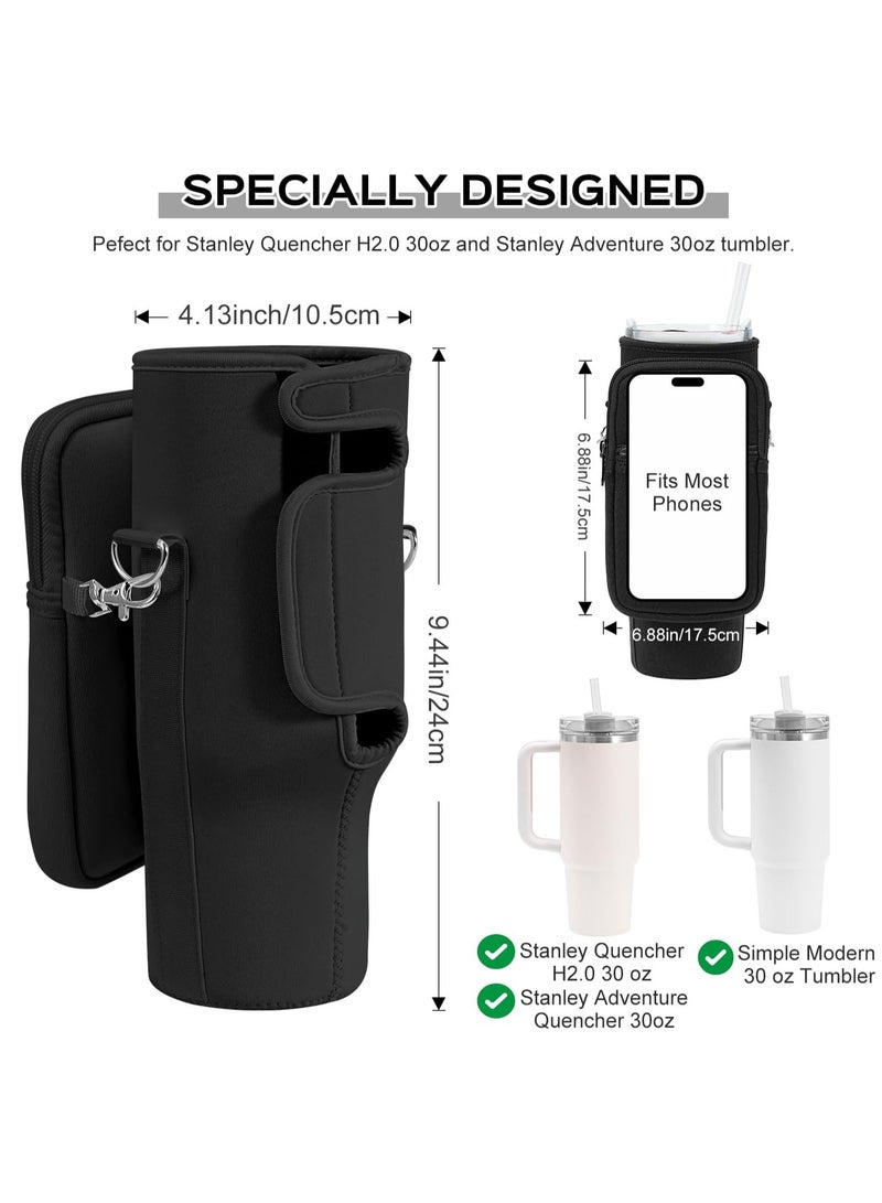 Hihonor Water Bottle Carrier Bag with Pouch for 40 oz Tumbler with Handle, Neoprene Water Bottle Holder Pocket with Adjustable Strap, Bottle Pouch for Stanley Cup Accessories (Black) - Image 3