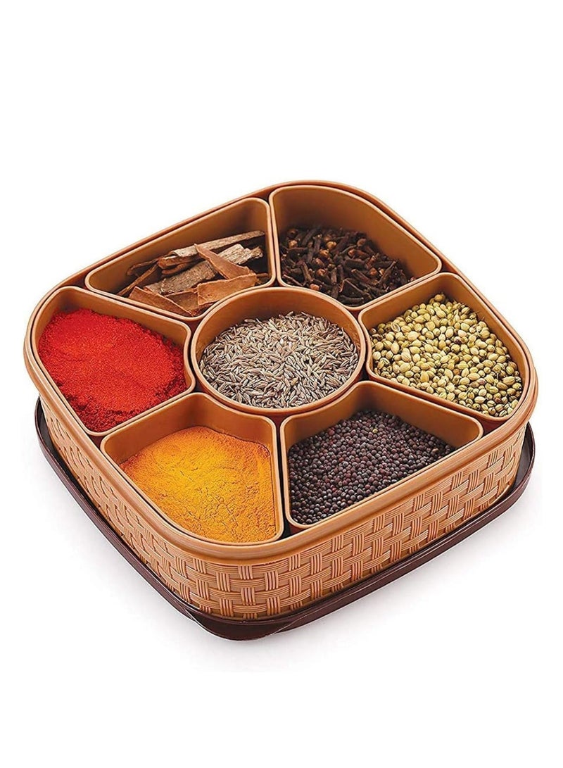 Plastic Masala Box for Kitchen | 7-in-1 Square Spice Organizer with Spoons | Airtight Multi-Container Masala Dabba for Home | Rotating Seasoning Storage Jar Set for Kitchen - Image 1