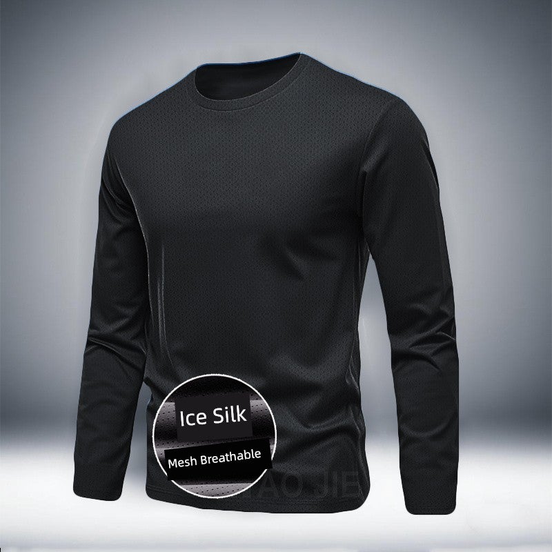 Spring and summer plus size ice silk mesh men's quick-drying long-sleeved round-neck sports running clothes fat T-shirt fitness training clothes - Image 3