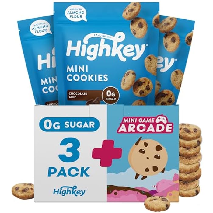 HighKey Keto Chocolate Chip Mini Cookies - Gluten Free Sugar Free Cookies Keto Snack Low Carb Snacks Healthy Protein Diabetic Dessert Food Low Sugar Treat Diet Friendly Sweets 3 Pack + Arcade - Image 1