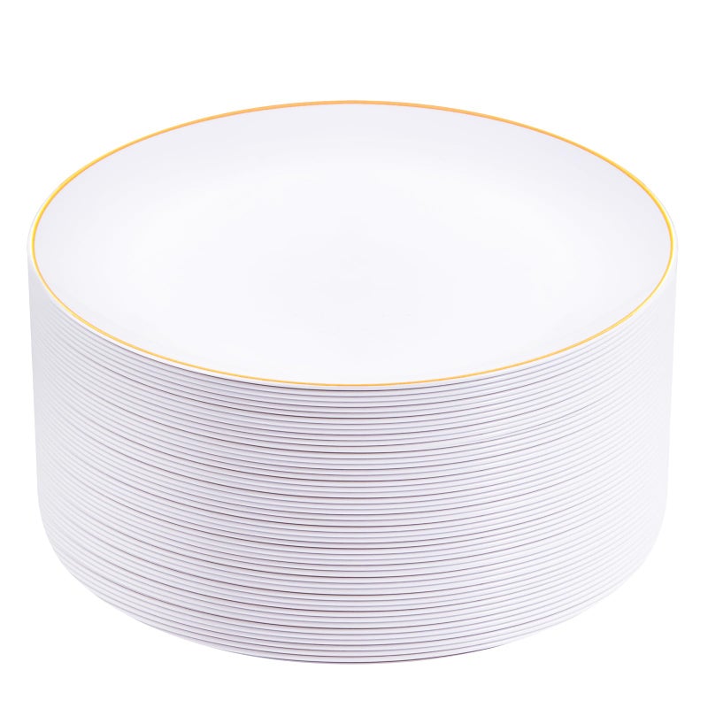 Festiva 50Pcs Gold Plastic Plates 9 Inch White Plastic Plates with Gold Rim Disposable Dinner Plates include 50 saladpasta Plate Perfect for PartyWeddingThanksgiving Christmas