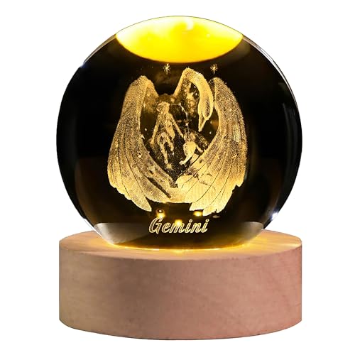 QIANCHANG 3D Laser Etched Gemini Crystal Ball with LED Light Stand, Constellation Decor Glass Sphere Lamp, Zodiac Astrology Birthday Gifts for Women Kids - Image 1