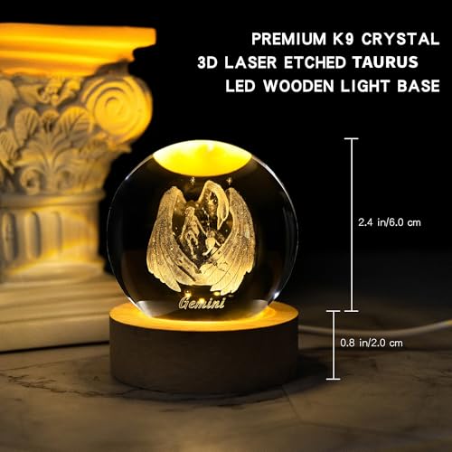 QIANCHANG 3D Laser Etched Gemini Crystal Ball with LED Light Stand, Constellation Decor Glass Sphere Lamp, Zodiac Astrology Birthday Gifts for Women Kids - Image 3