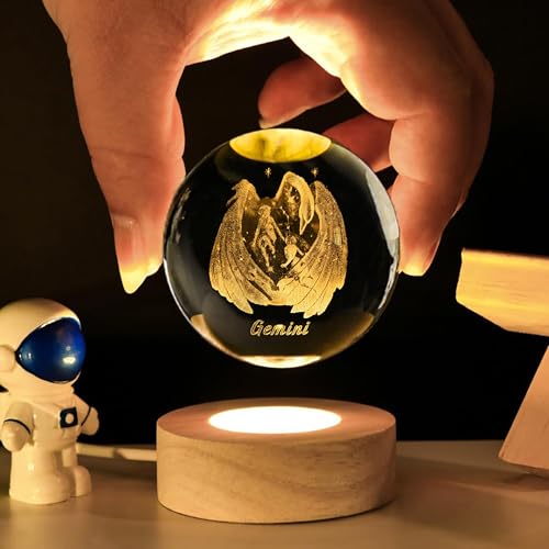 QIANCHANG 3D Laser Etched Gemini Crystal Ball with LED Light Stand, Constellation Decor Glass Sphere Lamp, Zodiac Astrology Birthday Gifts for Women Kids - Image 2