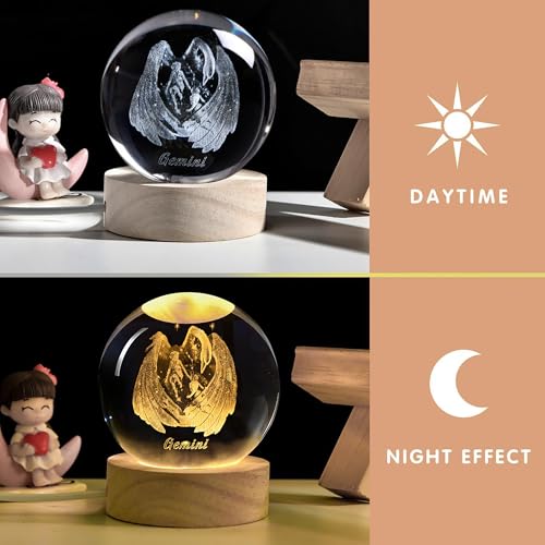 QIANCHANG 3D Laser Etched Gemini Crystal Ball with LED Light Stand, Constellation Decor Glass Sphere Lamp, Zodiac Astrology Birthday Gifts for Women Kids - Image 4