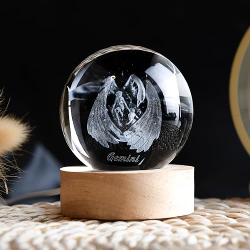 QIANCHANG 3D Laser Etched Gemini Crystal Ball with LED Light Stand, Constellation Decor Glass Sphere Lamp, Zodiac Astrology Birthday Gifts for Women Kids - Image 5